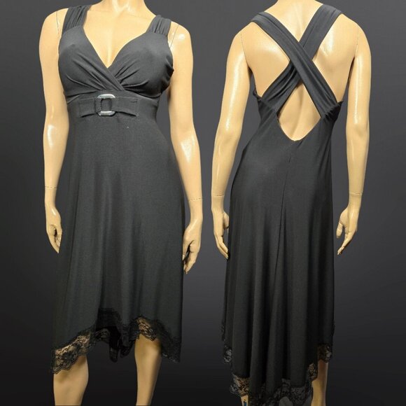 Vintage 90s Black Dress Size M Silver Buckle Lace Trim Witchy Goth Prom Party - Picture 1 of 8